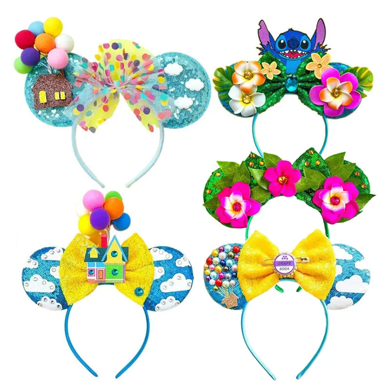 Mickey Mouse UP Ears Hair Accessories for Women Flying House Balloon Travel Sequins Hairbands Girl  Headband Kids Bow eadwear