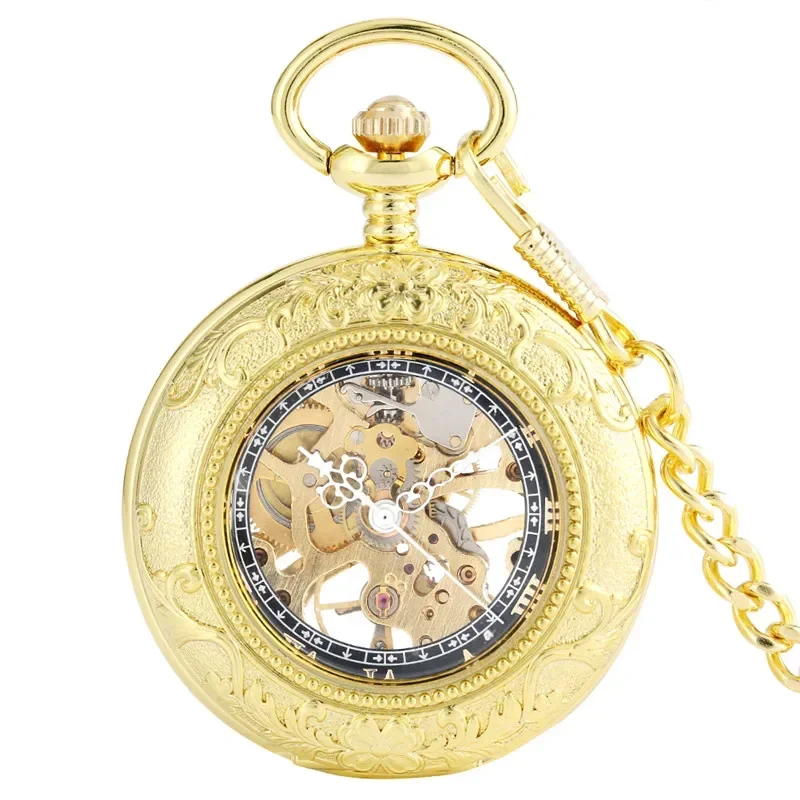 Luxury Golden Transparent Cover Men's Hand-winding Mechanical Pocket Watch Roman Numerals Skeleton Pendant Clock with Fob Chain