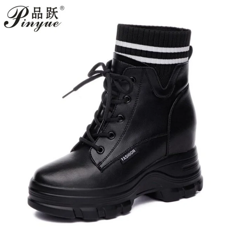

9cm Cow Black Leather Platform Wedge Shoes Autumn Pumps Women Lace-up Ankle Booties Spring Chunky Sneakers Mid Calf Winter Plush