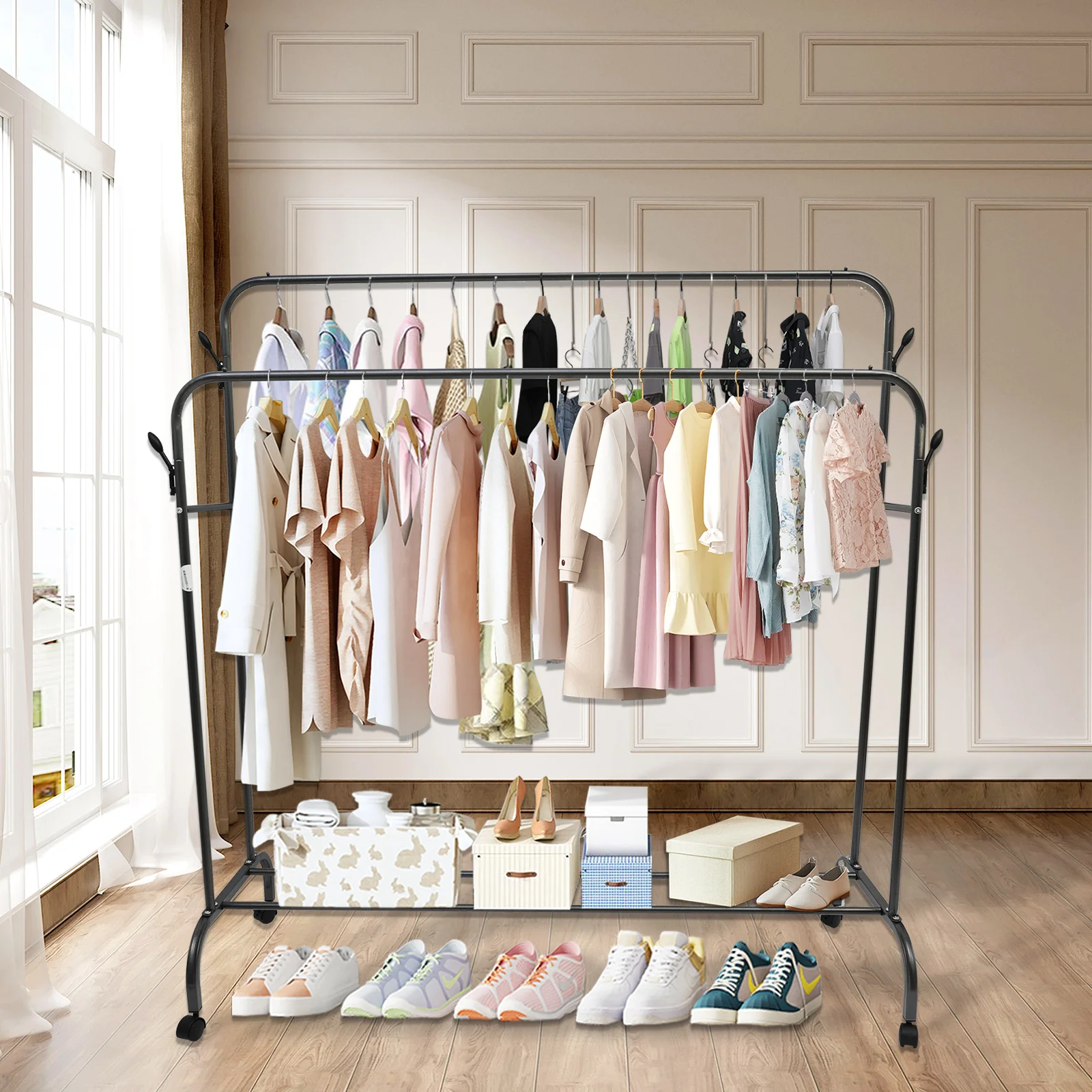 

Clothes Coat Rack Drying Double Rods Clothes Hanging With Wheels Portable Wardrobe Rolling Garment Rack Storage Space Metal