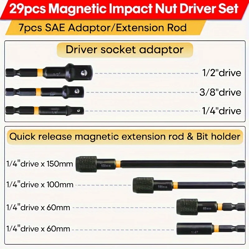 مجموعة مفكات صامولة مغناطيسية مكونة من 29 قطعة - لقمة مثقاب من فولاذ الفاناديوم الكروم مع ساق سداسية مقاس 1/4 بوصة وأحجام SAE ومحول مقبس #3