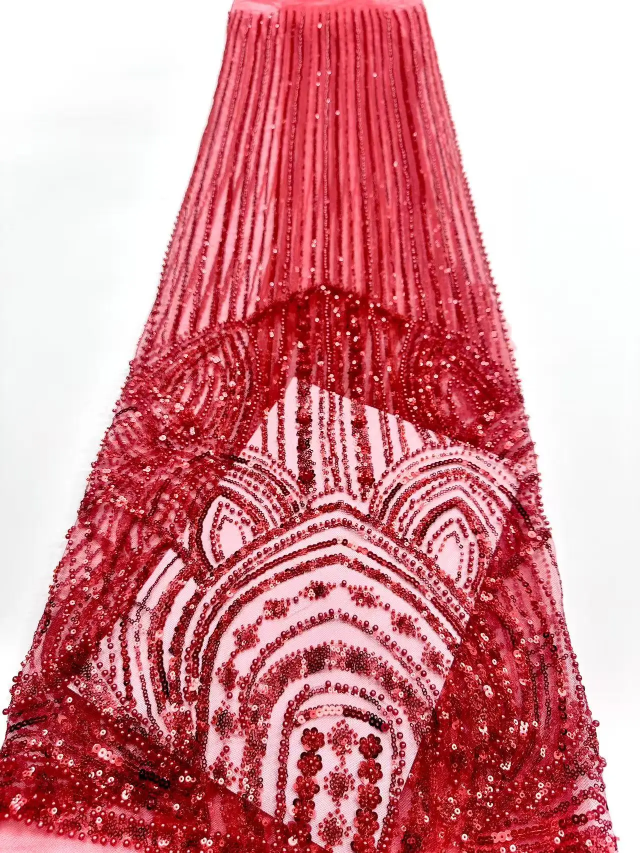 Luxury Beads Lace African 2025 High Quality 5 Yards Handmade Beads Sequins Fabric Nigerian Pink For Evening Party Dresses H103-1