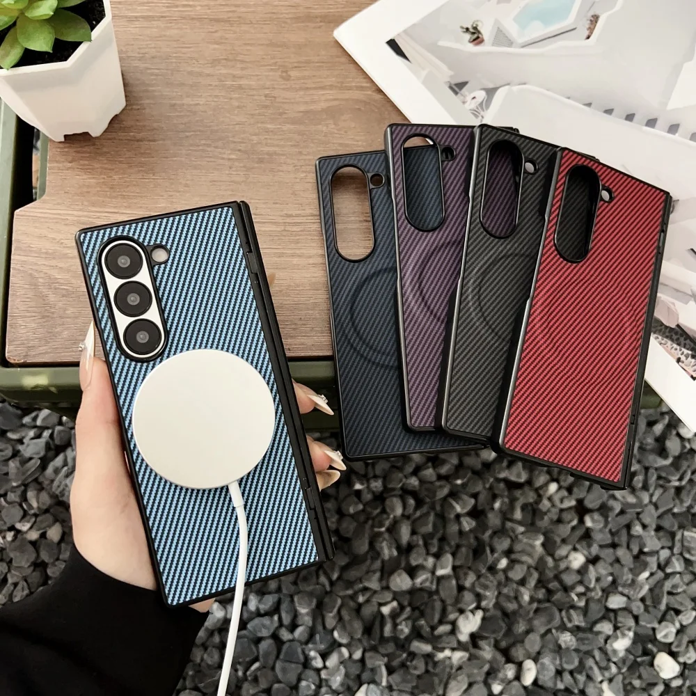 Luxury Carbon Fiber Magnetic Hinge Phone Case For Samsung Galaxy Fold 8 7 6 5 4 Wireless Charge Hard Soft Silicone Bumper Cover