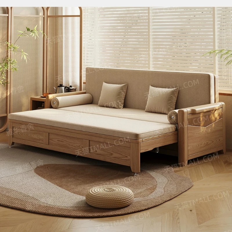 LMM solid wood sofa bed multi-functional push-pull storage double bed study living room folding telescopic