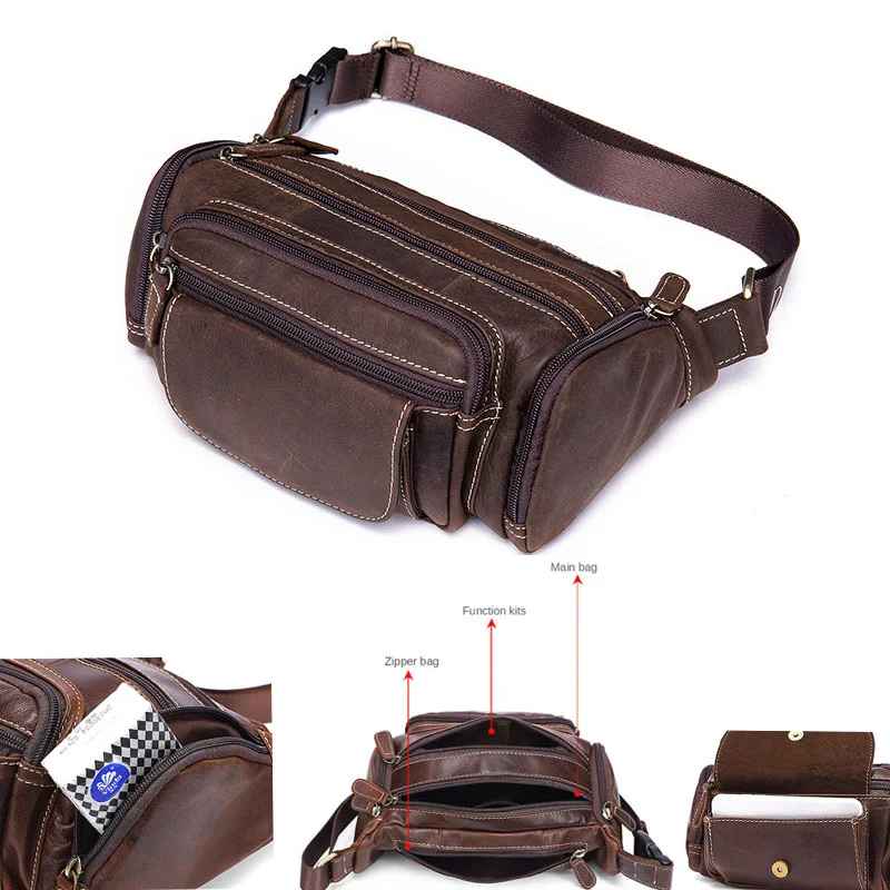 

Men's Top Layer Cowhide Shoulder Bag Cross Body Sling Chest Bags RetroTravel Crossbody Pack Waist for Male Women Female