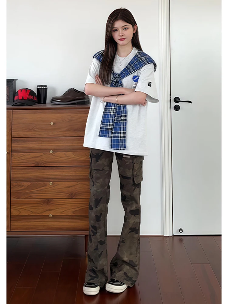 

American High Street Camouflage Pants Thin Retro Workwear Straight Leg Micro Flared Jeans for Men And Women Summer Casual