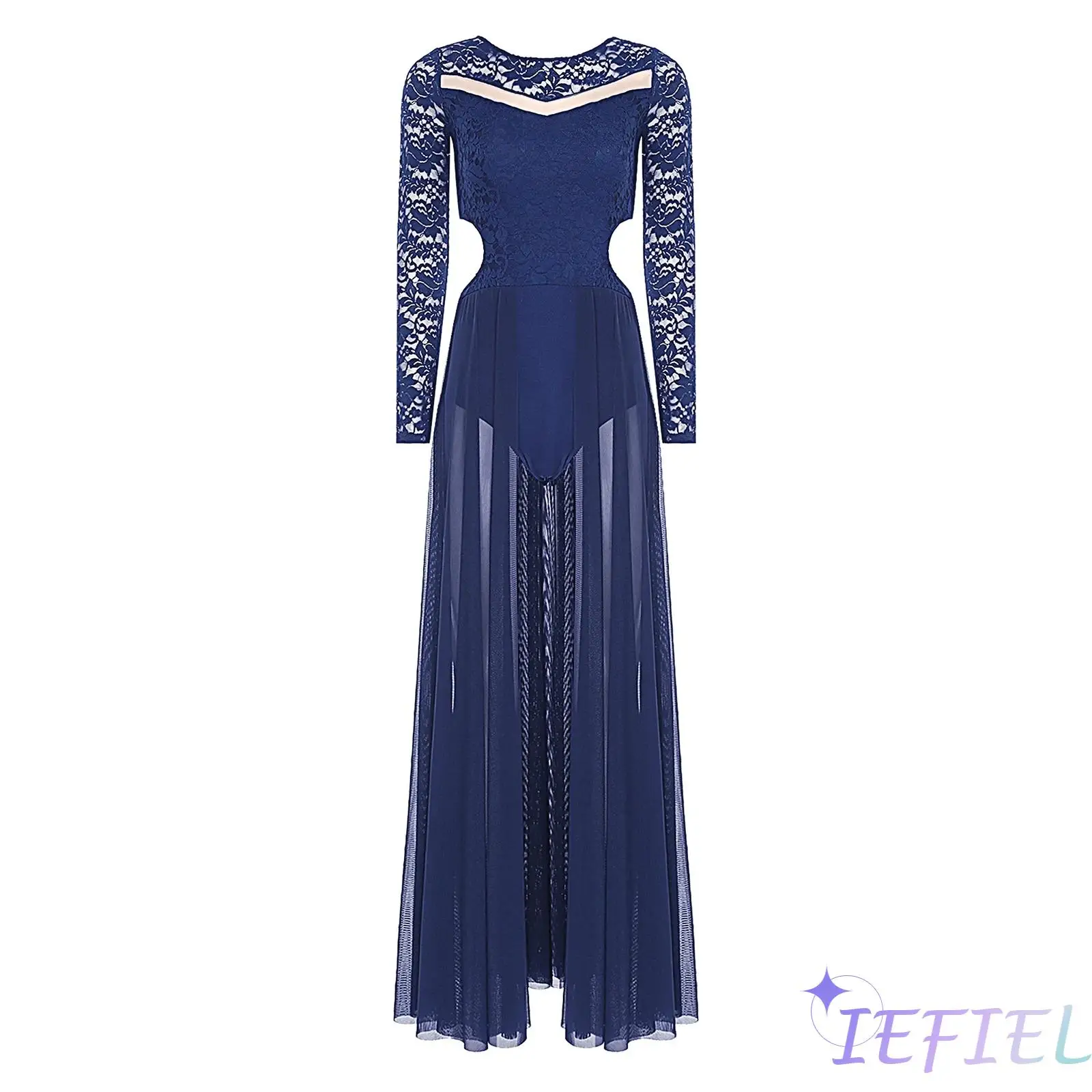 

Women Elegant Lyrical Dance Costume Long Sleeve Floral Patchwork with Side Cut Outs And Briefs Contemporary Modern Dance Dress