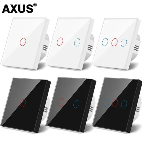AXUS 벽 터치 스위치, EU 표준, 강화 크리스탈 유리 패널 전원, 1/2/3 갱, 양방향 광 센서 스위치, 방수, 220V