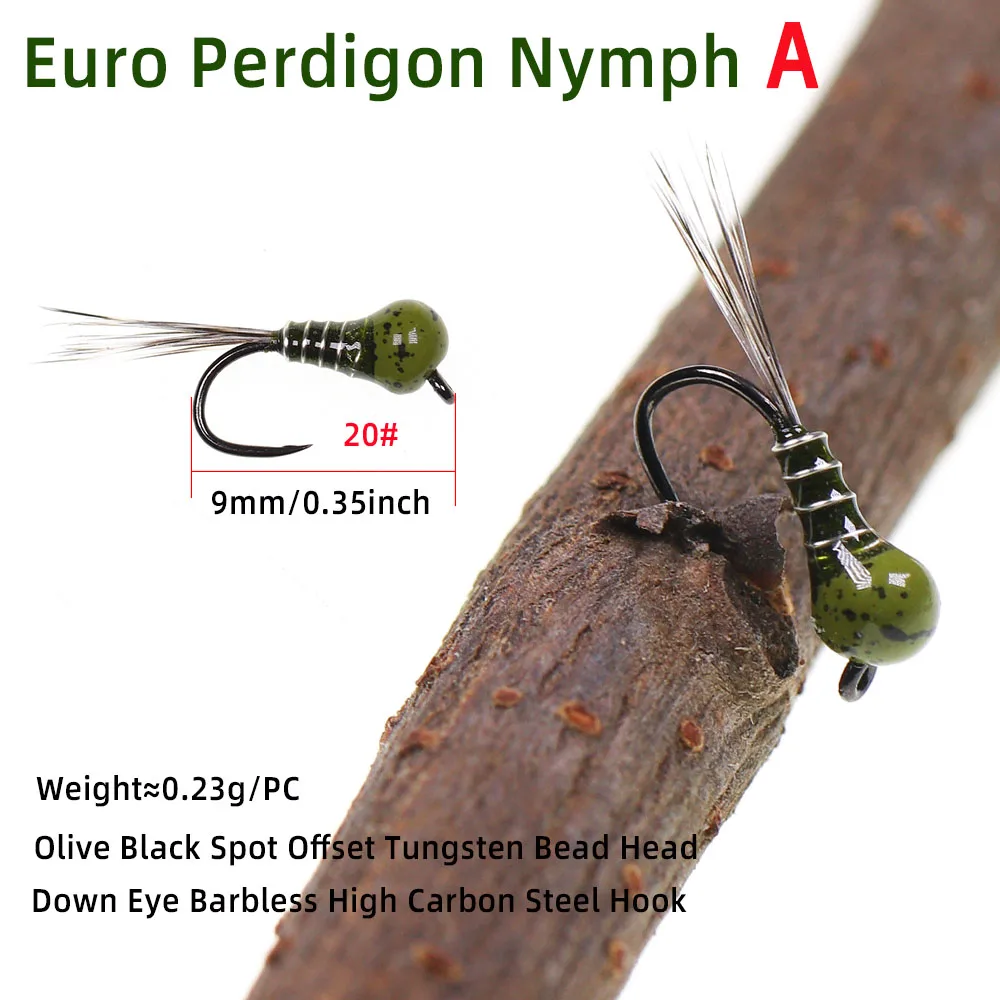 ICERIO 6 Stück Schnell Sinkende Offset Wolfram-Köpfe Perdigon Nymphen-Fliegen, Widerhakenlose Köder, Euro-Nymphen für Forellen- und Lachsangeln – Detail 2