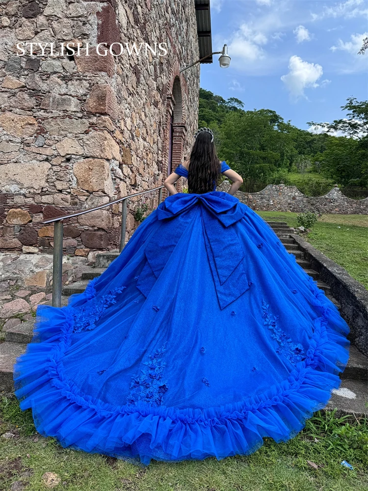 

Royal Blue Ball Gown Quinceanera Dresses 2025 With Big Bow Beads Birthday Party Sweet 16 Dress Wedding Gown Customized