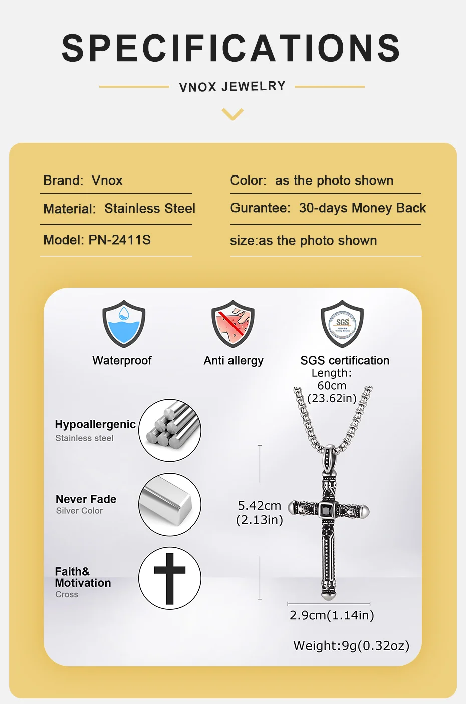 Vnox Vintage Gothic Kreuz-Anhänger-Halskette für Herren, Edelstahl, schwarze Zirkon-Kastenkette, Punk, religiöses Amulett, Schmuck, Geschenk – Detail 4