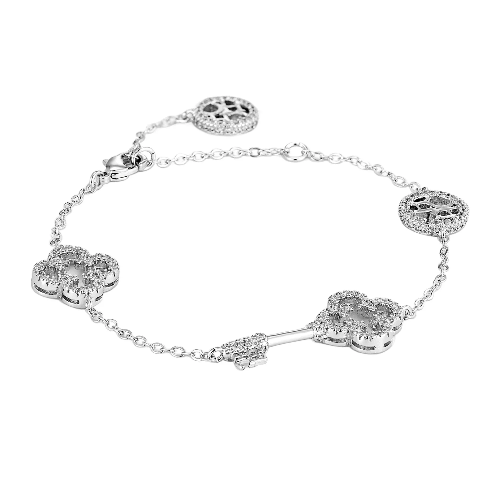 سوار مفتاح وورقة رباعية نسائي ذهب مرصع بالزركون للارتداء اليومي هدية حب لعيد الحب مع علبة حمراء فاخرة تصلح لعيد ميلاد