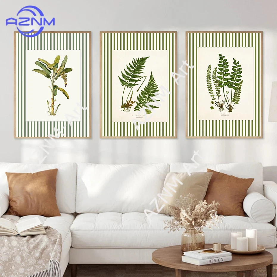 Green Striped Antique Peony Ferns Tropical Botanical Floral Poster Canvas Painting Print Wall Art for Living Room Home Decor