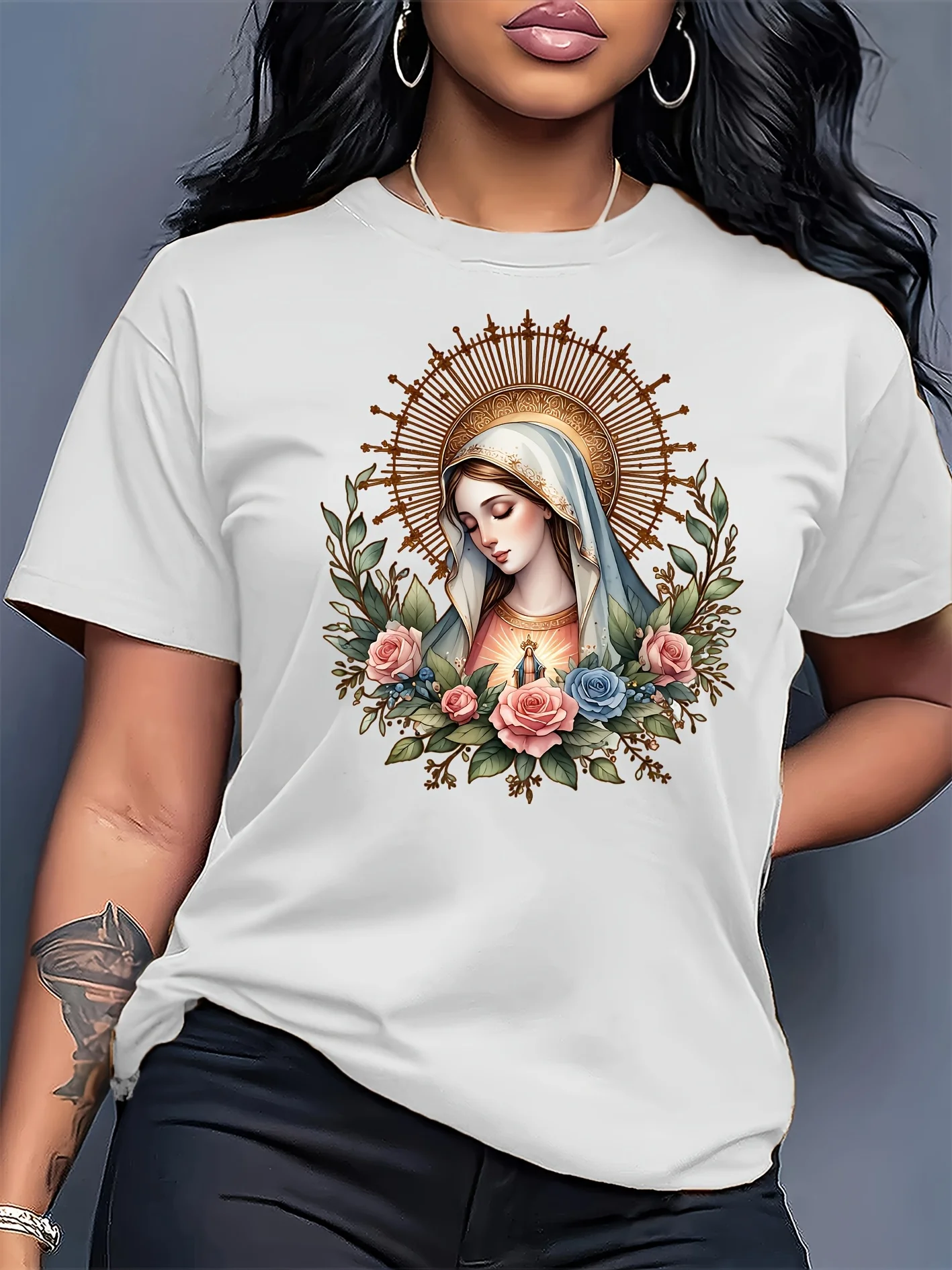 Women's T-shirt with Virgin Mary Floral Print Round Neck Best Friend Outfit, Holiday Gift, Casual and Trendy Women's Top