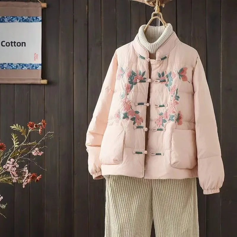 

Новое китайское хлопковое пальто с вышивкой на пуху, женское зимнее легкое маленькое хлопковое пальто свободного покроя на пуговицах