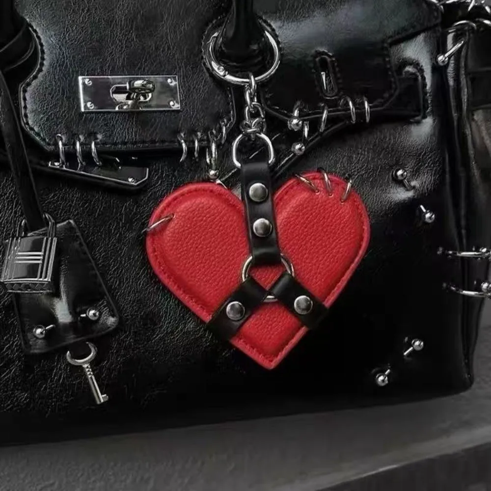 Fashion Y2K Rivet Heart Bag Charm Punk Gothic Leather Heart Keychain Black Red Bag Pendant Bag Hanging view 3
