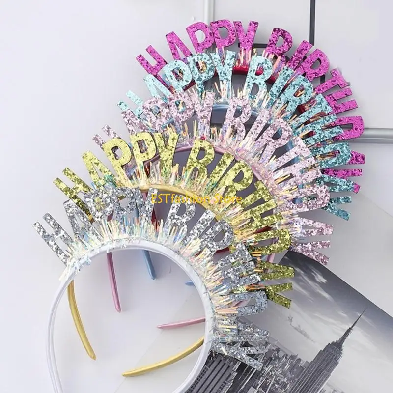 

Y5GC HAPPY BIRTHDAY Hair Accessories Women Students Live Broadcast Hairband Shinning Crown Headbands Colorful Hair Hoop