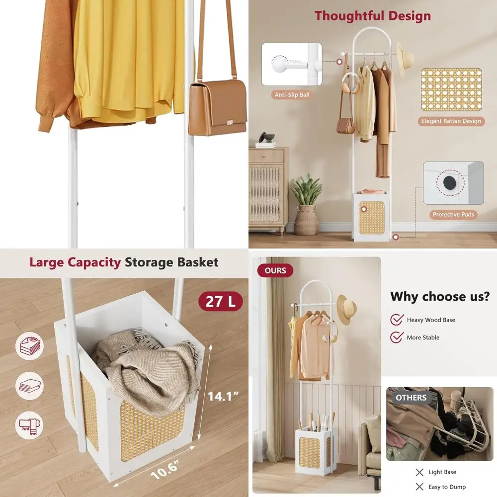 

Отдельно стоящая деревянная вешалка с 6 крючками и корзиной для хранения, вешалка из ротанга для дома и офиса, белая