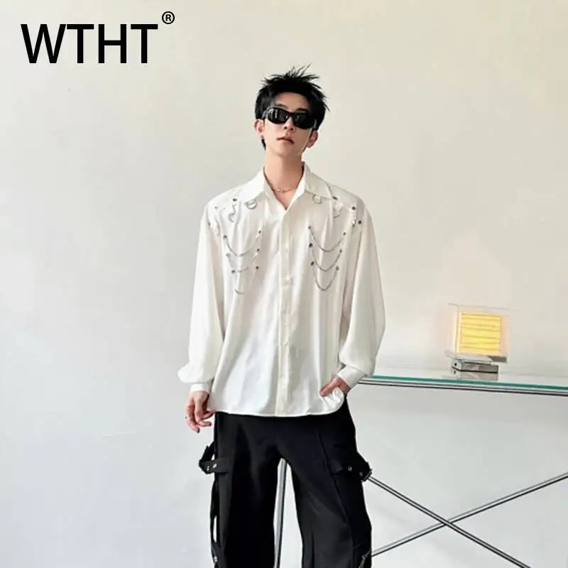 

WTHT Fashion Men's Spliced Metal Chain Solid Color High Street Shirts Trendy Loose Long Sleeves Tops Male 2026 Summer 2A3066