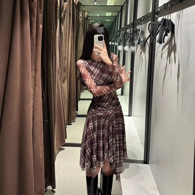 

Винтажное осеннее клетчатое платье с длинными рукавами и эффектом похудения, женское платье трапециевидной формы в полный рост с узлом на талии