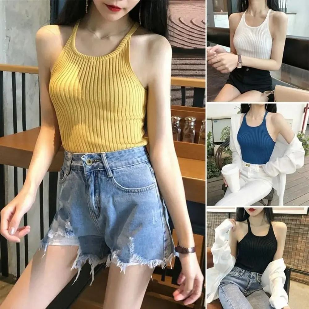 

Polyester fiber Women's Tank Top High Quality Sleeveless Solid Color Tank Top Hanging Neck Knitted Sleeveless Strap