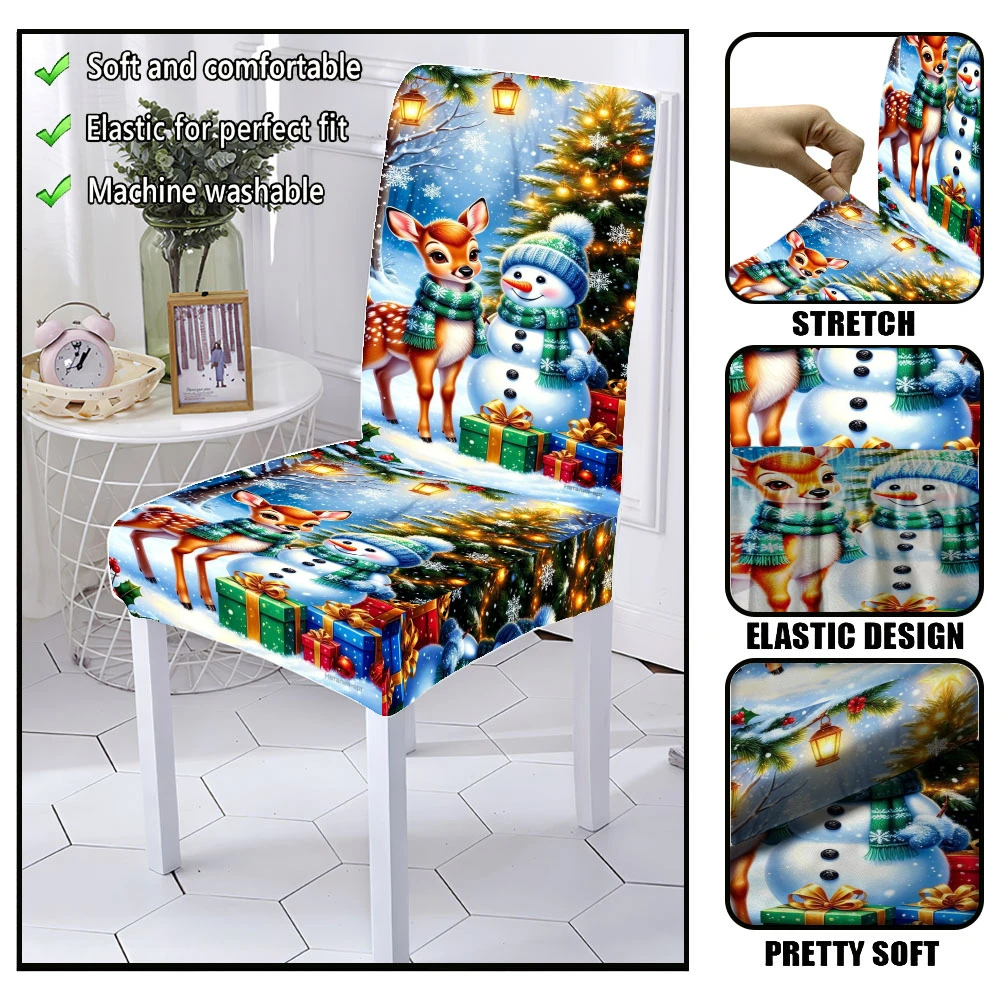 Christmas Reindeer Snowman Pine Tree Gift Box Lantern Dining Chair Slipcover Stretch Xmas Holiday Chair Cover