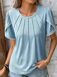 blusa mujer tendencia 2025 Fashion Women Elegant Shirts Vintage Summer Tees Blouse Top Tassel Loose Casual Short Sleeve Tops