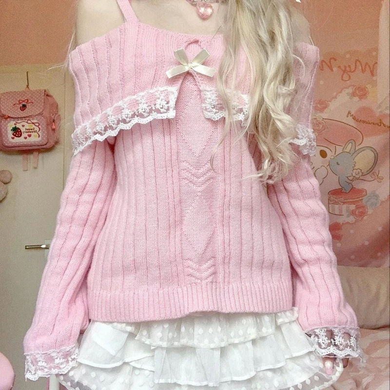 Pretty Cute Outfits Harajuku Cosplay Sweater Lace Trim Off Shoulder Pullovers Aesthetic Vintage Long Sleeve