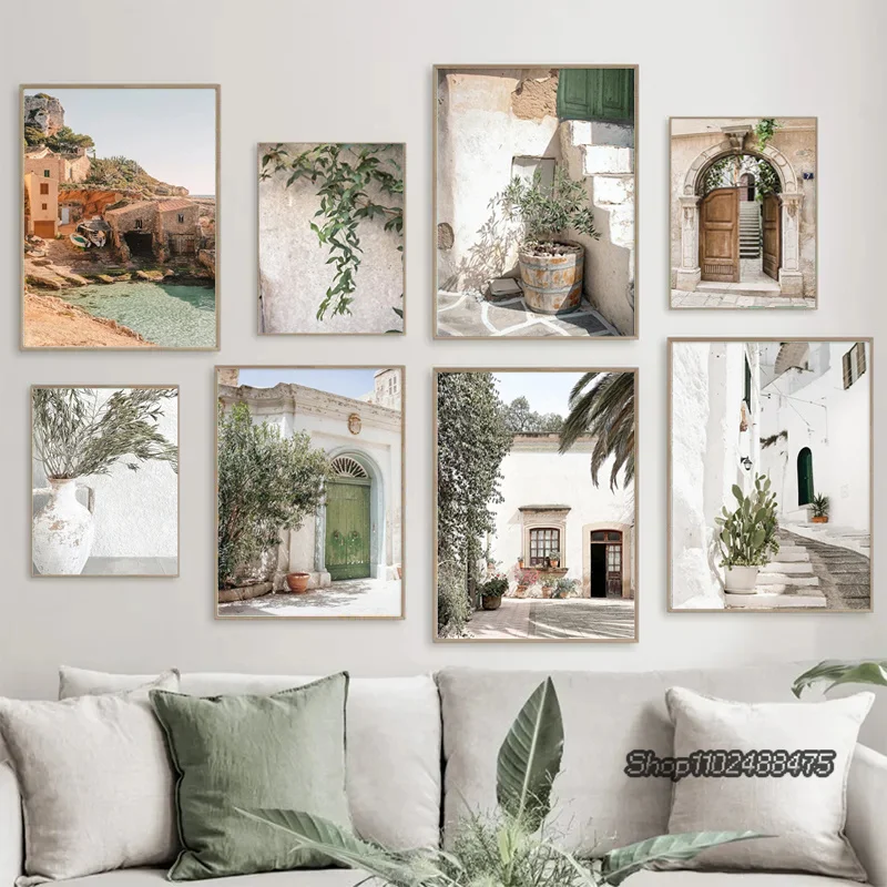 ملصق ومطبوعات للتصوير الفوتوغرافي لقرية Puglia للهندسة المعمارية الإسبانية أوراق خضراء نباتات داخلية لوحة ديكور صورة بوهو ديكور منزلي