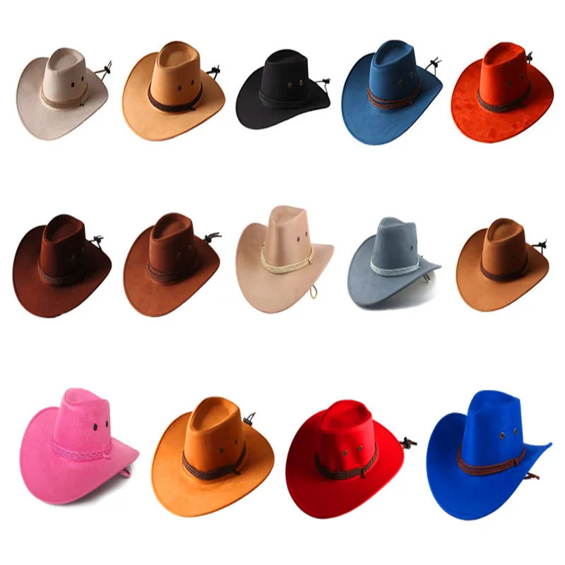 Fashion Wide Brim Western Cowboy Hat with Windproof Rope Solid Color All-match for Casual Vacation