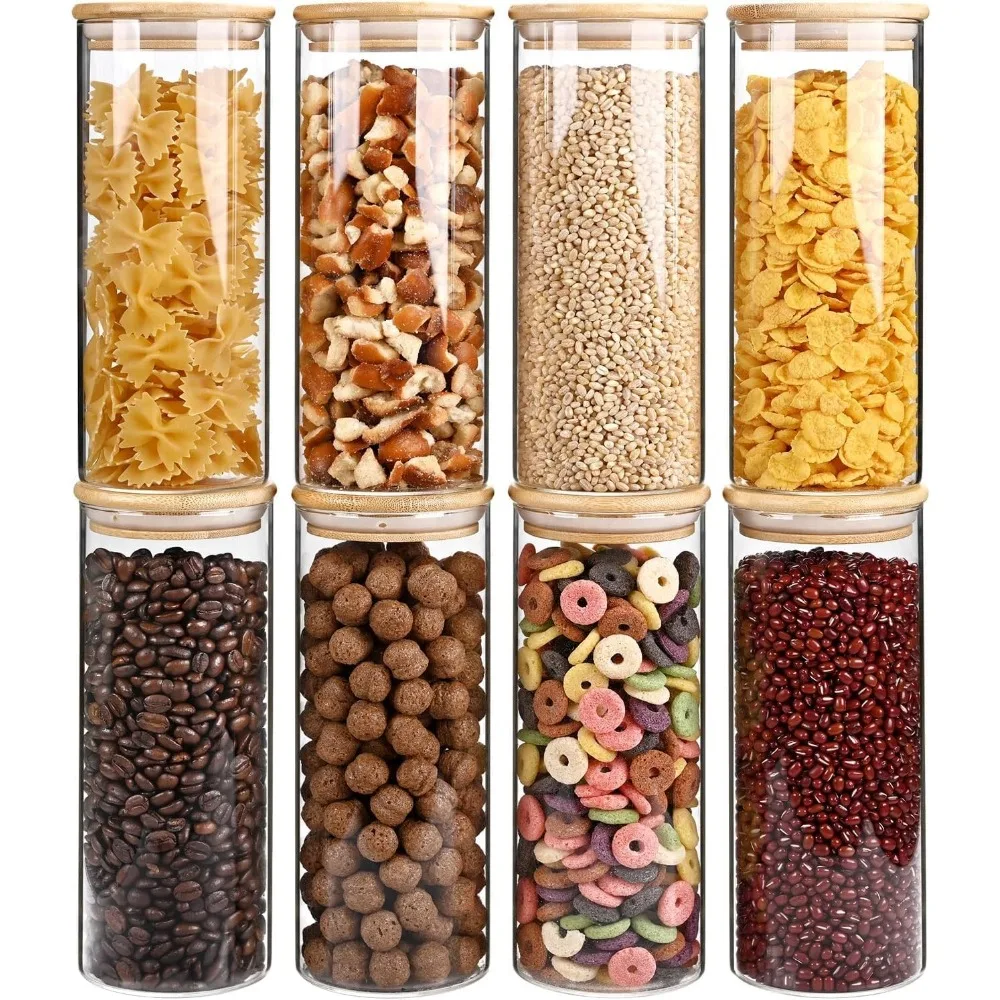 

34oz Glass Food Storage Jars, Glass Jars with Bamboo Lids, Kitchen Storage Jars, Set of 8, Canisters with Airtight Lids for Spic