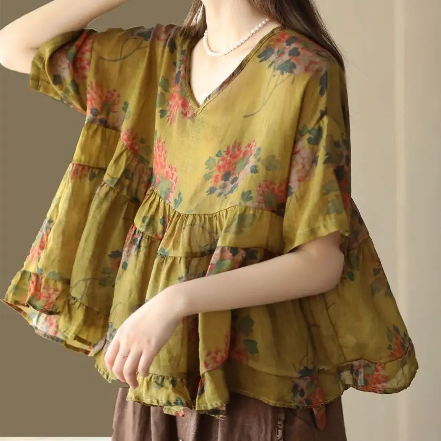 

Spring and Summer New Vintage Print Women Ramie Pullover Shirt with Elegant Patchwork Baby Shirt