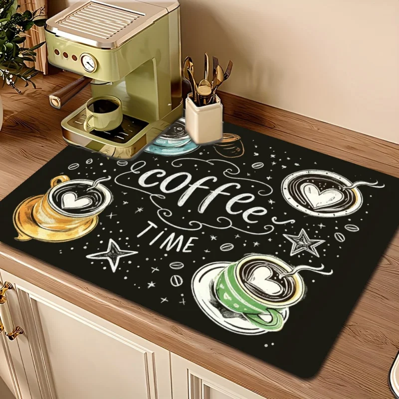 Drying Mat Coffee Time Cup Doodle Print Tableware Drain Pad for Coffee Station Countertop Decoration