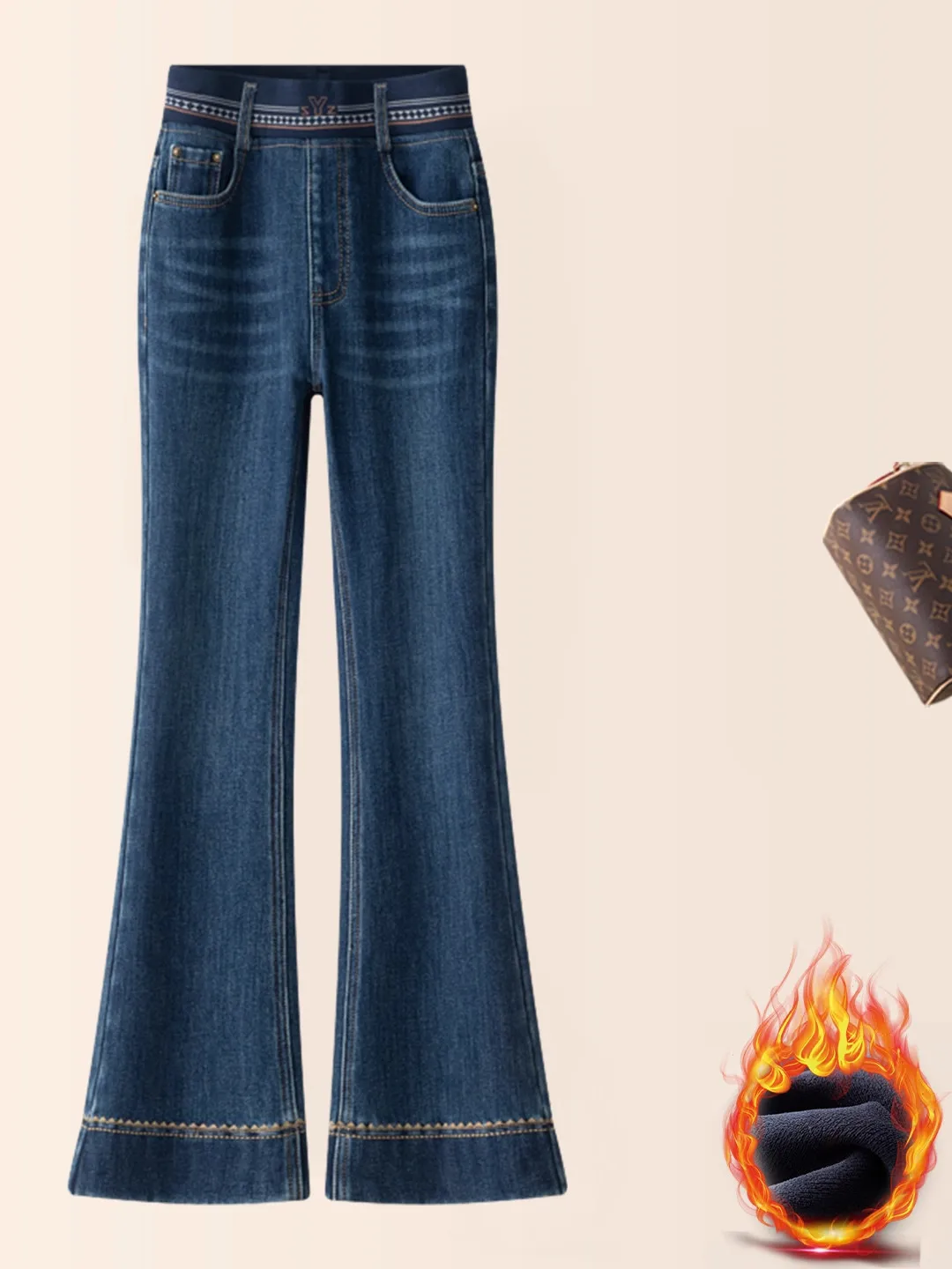 

Slim Fit Fleece Lined Flared Jeans Women's High Waist Elastic Casual Denim Pants Autumn Winter New Style Fish Tail Pants
