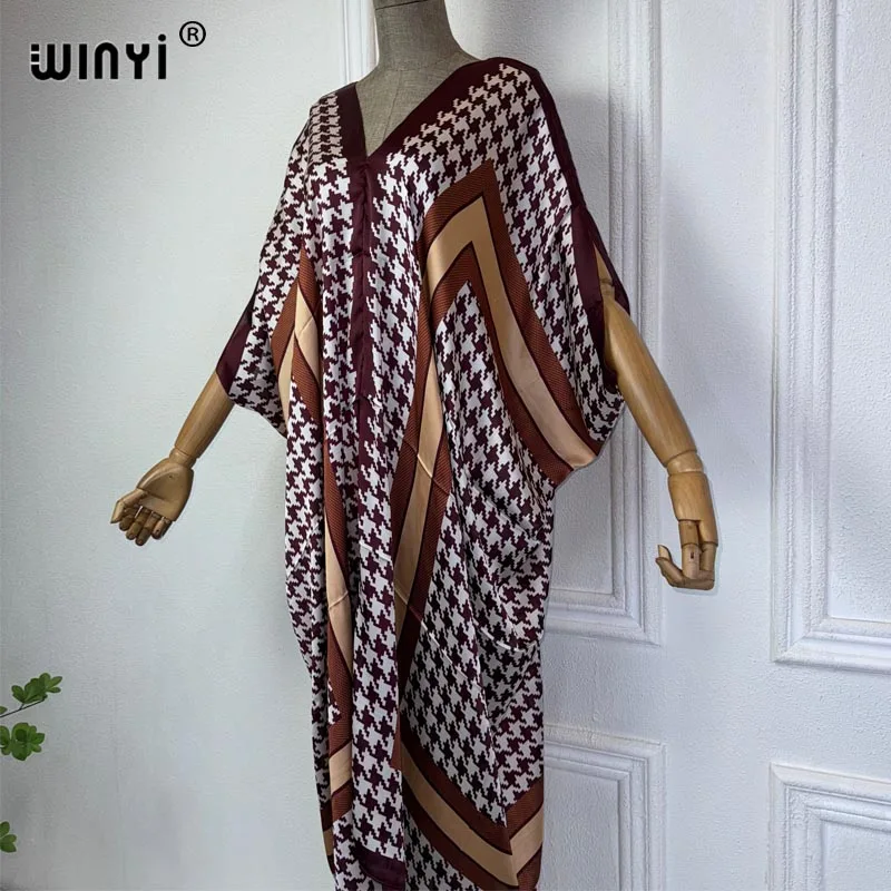 WINYI Musim Panas Afrika V-neck gaun dicetak pakaian pantai wanita 2024 longgar Femme jubah Muslim pantai cover up sutra merasa gaun malam