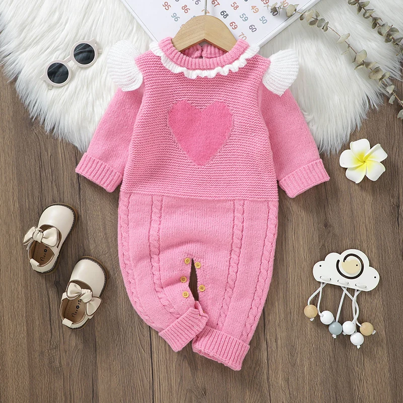 

Baby Romper Long Sleeve Autumn Newborn Girl Jumpsuit Outfits Fashion Solid Loving Toddler Infant Clothing Knitted Winter Ruffles