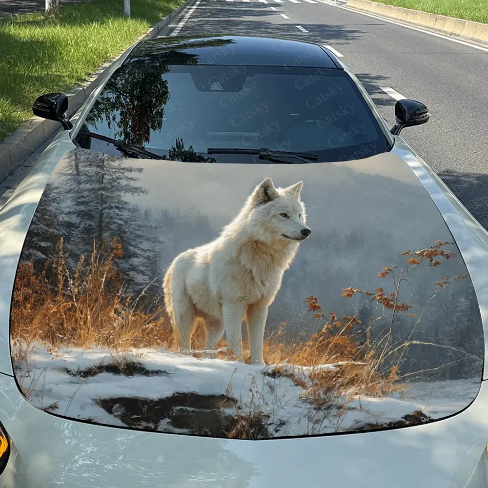 The Wolf Standing On The Rock Car Hood Sticker, Splash Proof PVC, Easy To Disassemble, Waterproof And Scratch Resistant, Self-ad