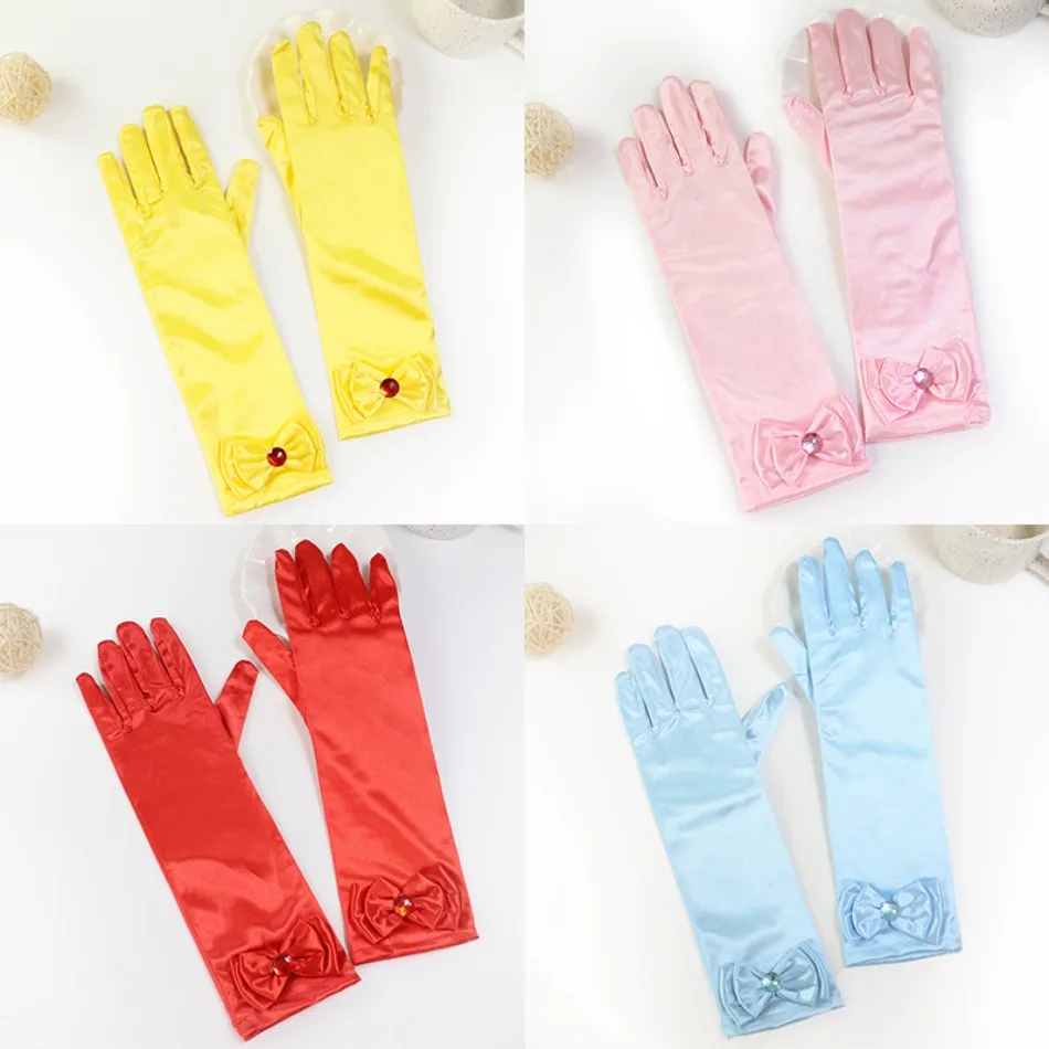 Kids Satin Long Gloves Girls Bow Rhinestone Gloves Princess Dress Accessory For Birthday Party Cos Stage Performance Masquerade