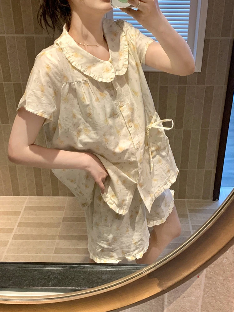 

Summer New Loose Short Sleeve Doll Collar Print Home Clothes Set for Women Straight Leg Sleepwear Pants Wood Grain