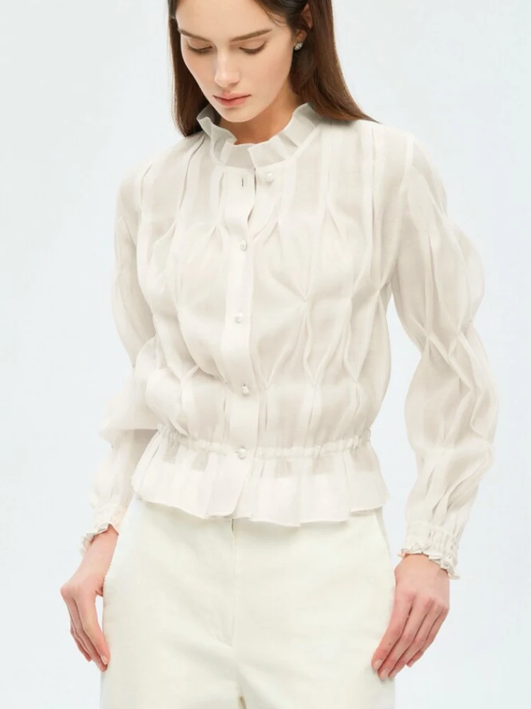 

Элегантная повседневная универсальная плиссированная рубашка с эластичной талией в корейском стиле, хлопковая, с длинным рукавом, для молодых женщин