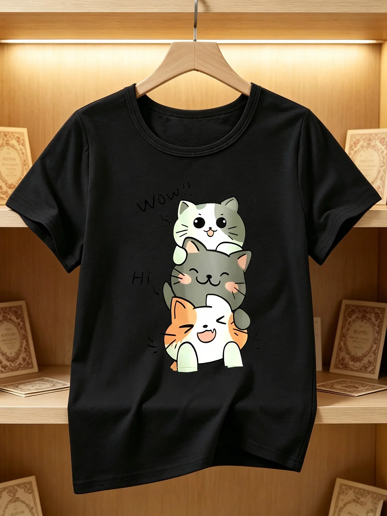 Kawaii Smiling Stack Cats With Letter Graphic Kids T Shirt Short Sleeve Round Neck Fashion Summer Tops For Boys Girls