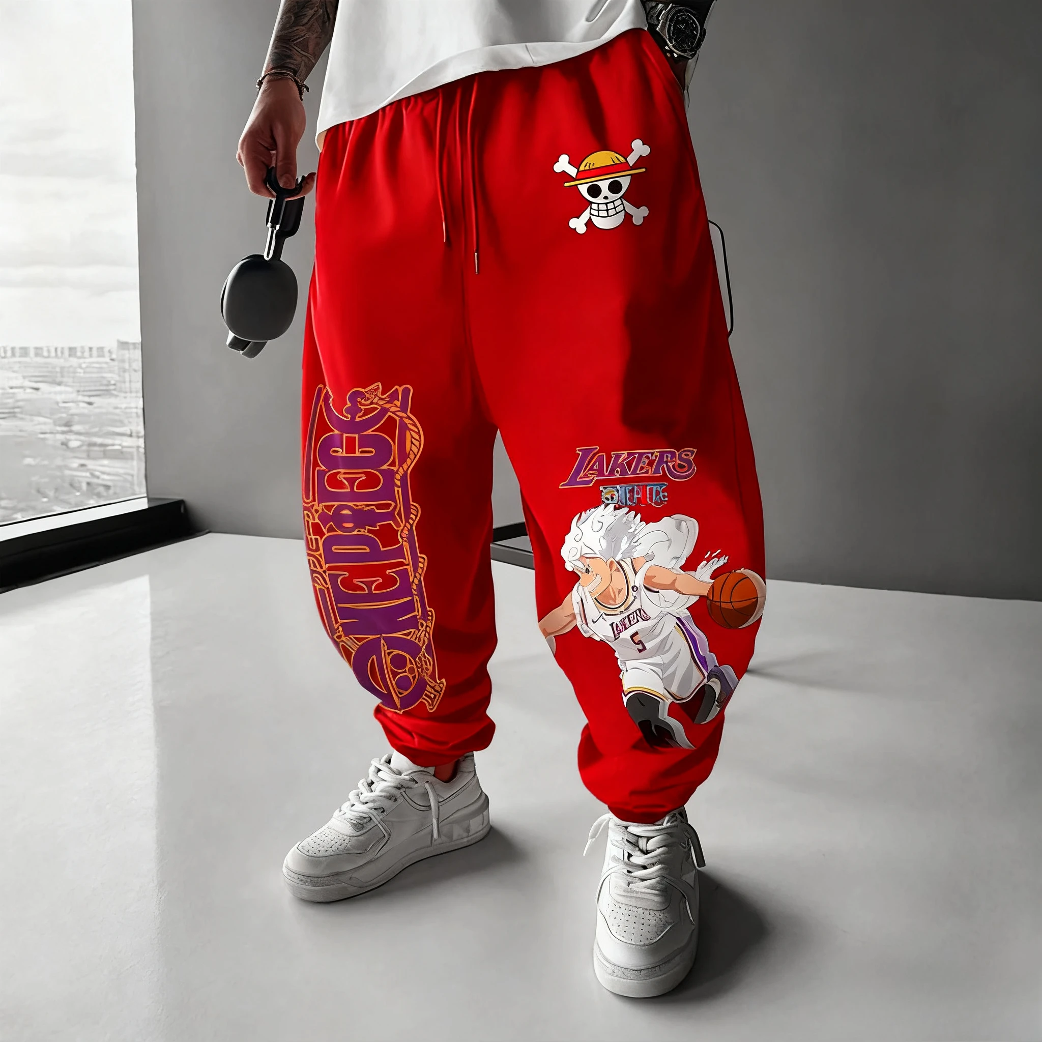 Calças estampadas periféricas de animação japonesa Luffy de uma peça, leggings de algodão esportivas americanas da moda de outono para homens e mulheres