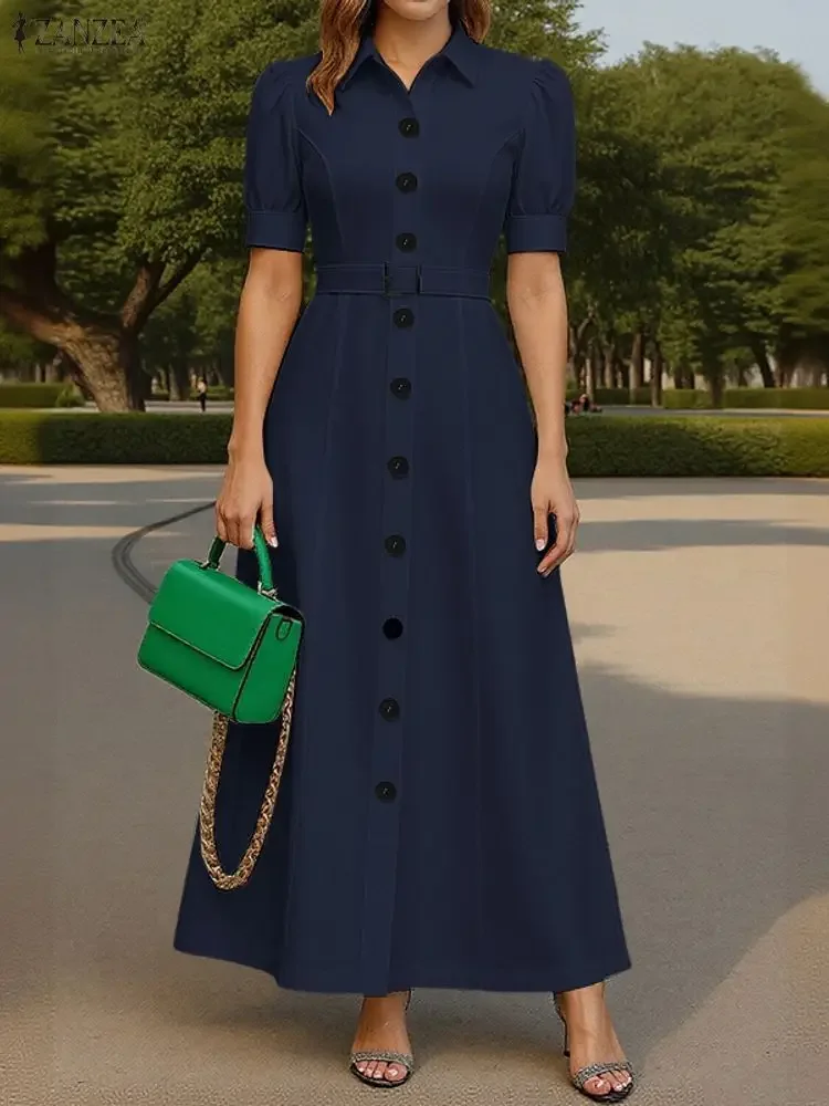 ZANZEA فستان طويل أنيق للنساء للحفلات مع حزام 2025 صيفي سادة بأكمام قصيرة لحفلات الزفاف ماكسي فيستدوس موضة طية صدر السترة قميص رداء