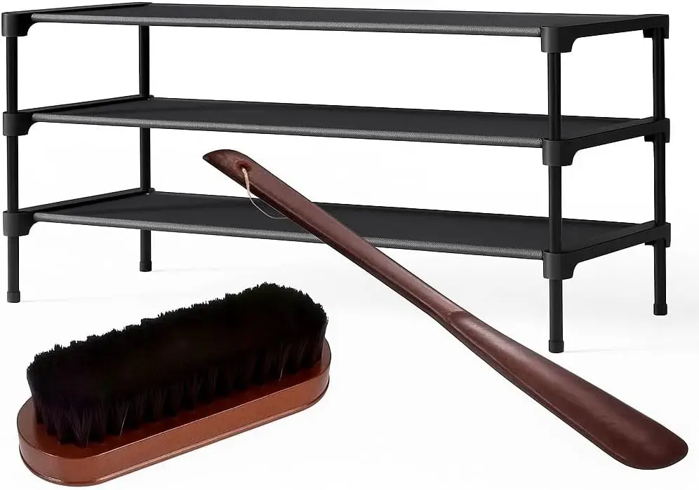 

3-уровневая штабелируемая полка для обуви с щеткой и рожком — черный, компактный органайзер для прихожей, прихожей, шкафа