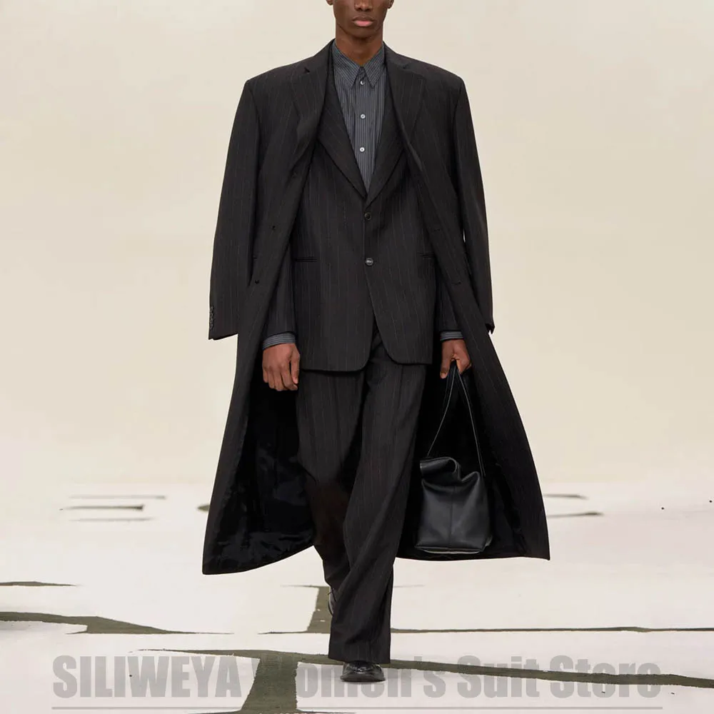 Chic Men Pinstripe 3 Piece Suit Oversized Long Coat Blazer Pants Runway Formal Business Casual Wedding Fashion Male Suit