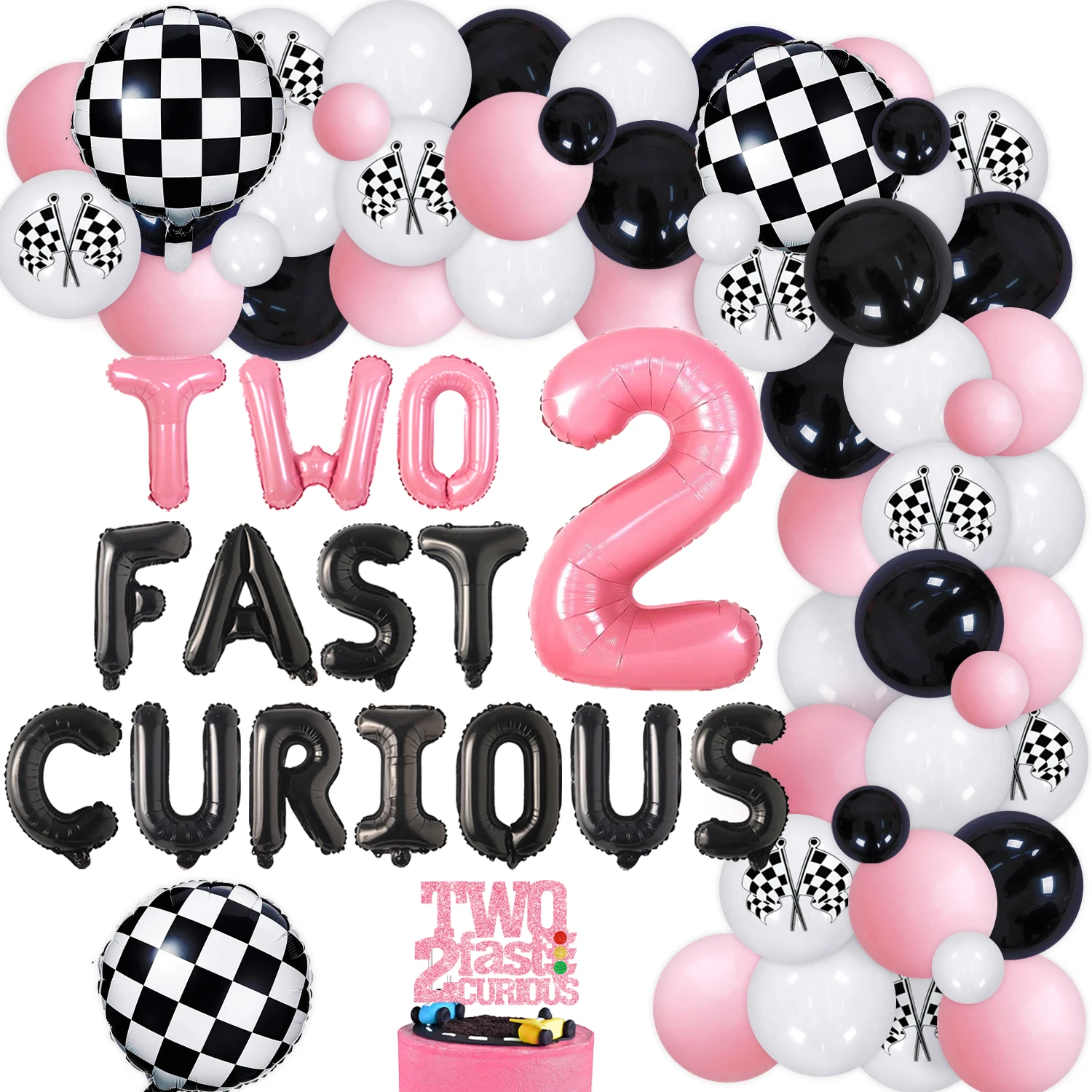 

Pink Racing Car Theme 2nd Birthday Party Decorations for Girls Race Car Balloon Garland Kit with TWO FAST 2 CURIOUS Cake Topper