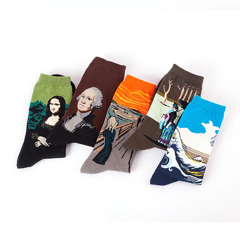 1 Pair Van Gogh Starry Night Cotton Socks Women Men Mona Lisa Oil Painting Retro-classical Series Skateboard Casual Couple Socks
