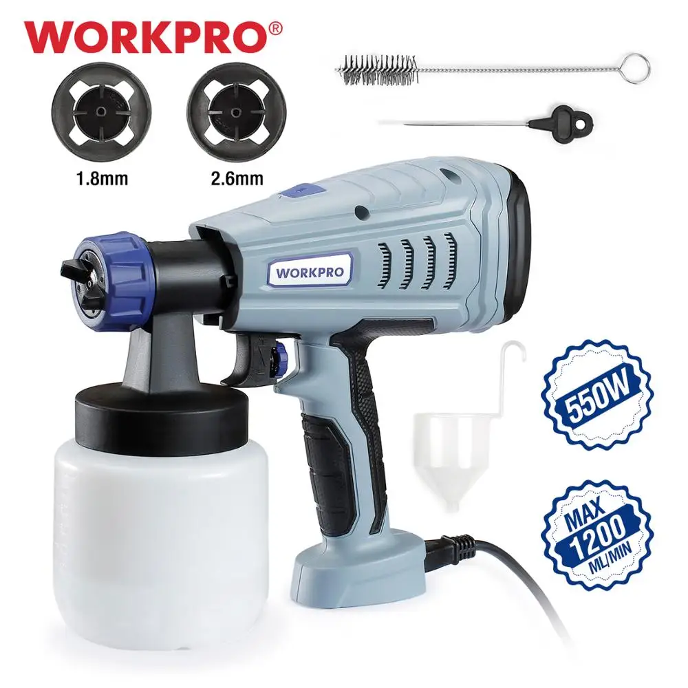 WORKPRO 가정용 초심자용 전기 페인트 스프레이 건, HVLP 고출력 페인트 분무기, 550W, 220V, 2 노즐