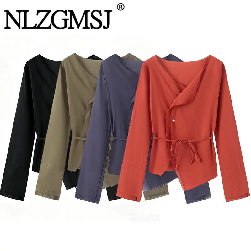 

Nlzgmsj 2026 Summer Women Wrap Blouse Asymmetrical Hem Long Sleeve Tie Waist Casual Solid Color Slim Fit Shirt