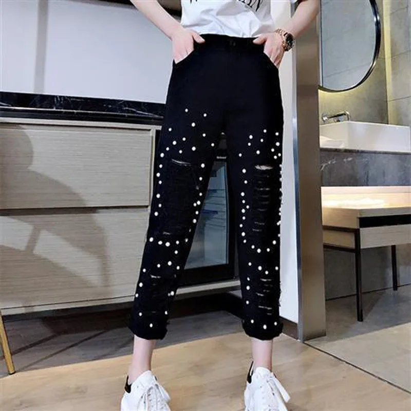 

Bla High-Waist Loose Women's Jeans 2023 New Korean Sle Pearl Embellied Hole Design Nine-Piece Slimming Harlan Pants